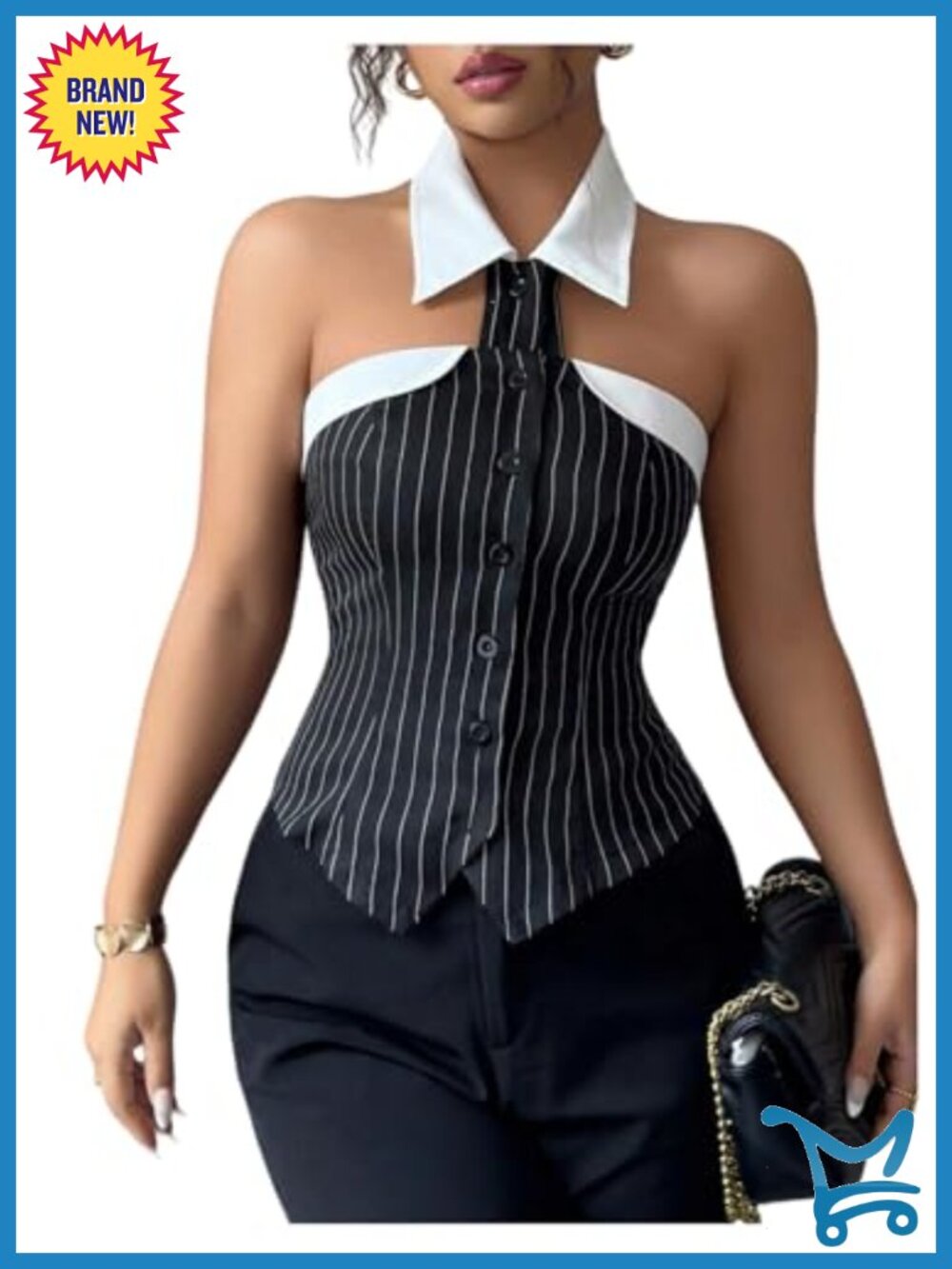 Striped Sleeveless Halter Backless Button Up Shirt